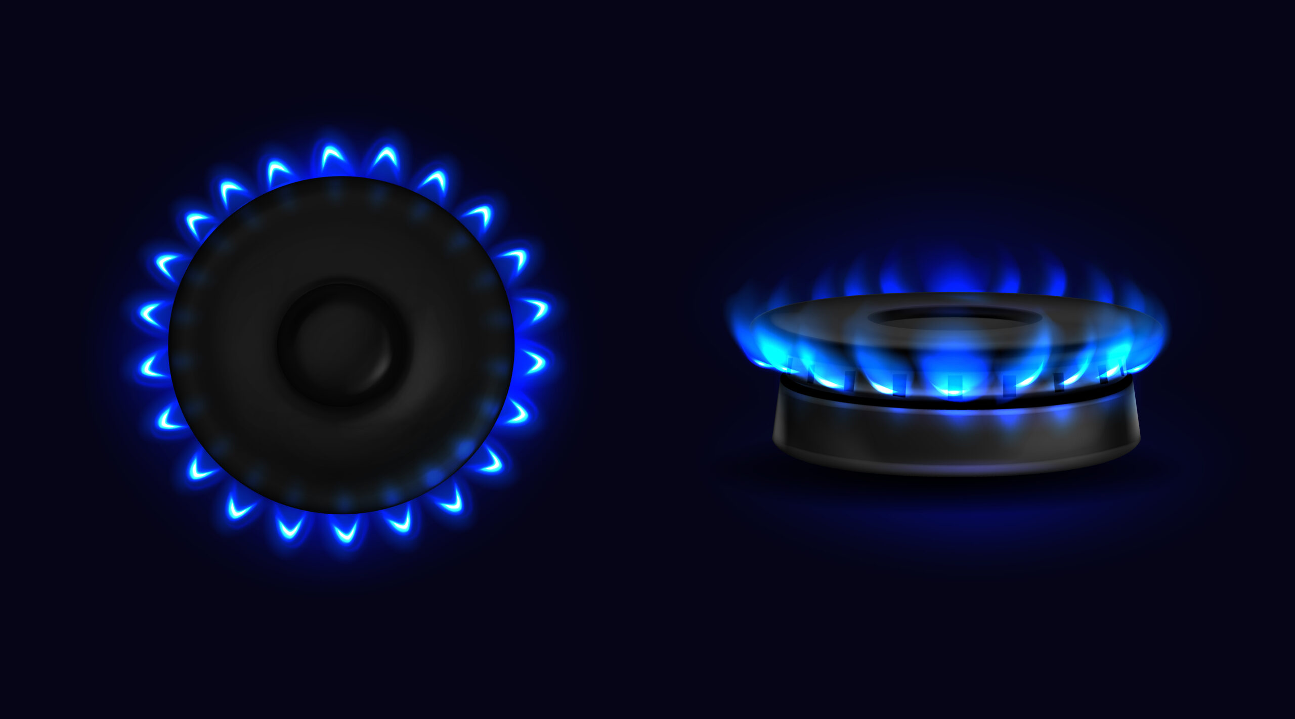 Burning gas stove with blue flame top or side view